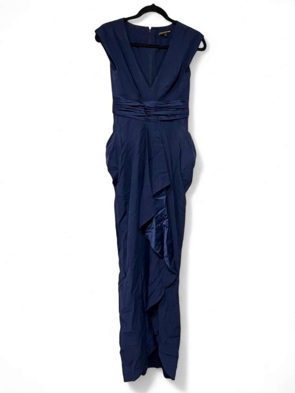 Catherine Malandrino 100% Silk Navy Blue Draped Cascade Evening Gown 0